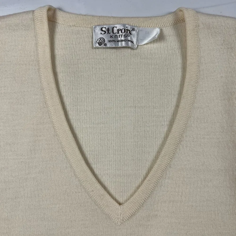 St. Croix Knits Cream Zephyr 100% Merino Wool V-Neck Pullover Sweater Size XXL